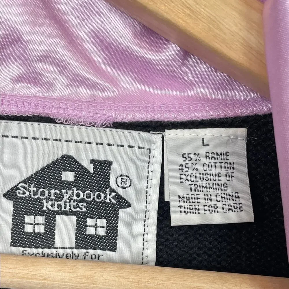 Storybook Knit Vtg Black Button Cardigan Sweater Pink Embroidery Satin Trim L